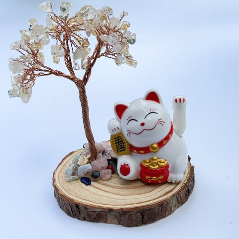 White Crystal Waving Cat Ornament for Wealth and Prosperity